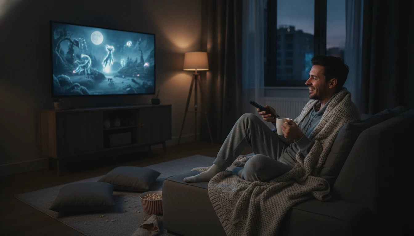 Person reading detailed movie character information on a tablet at home