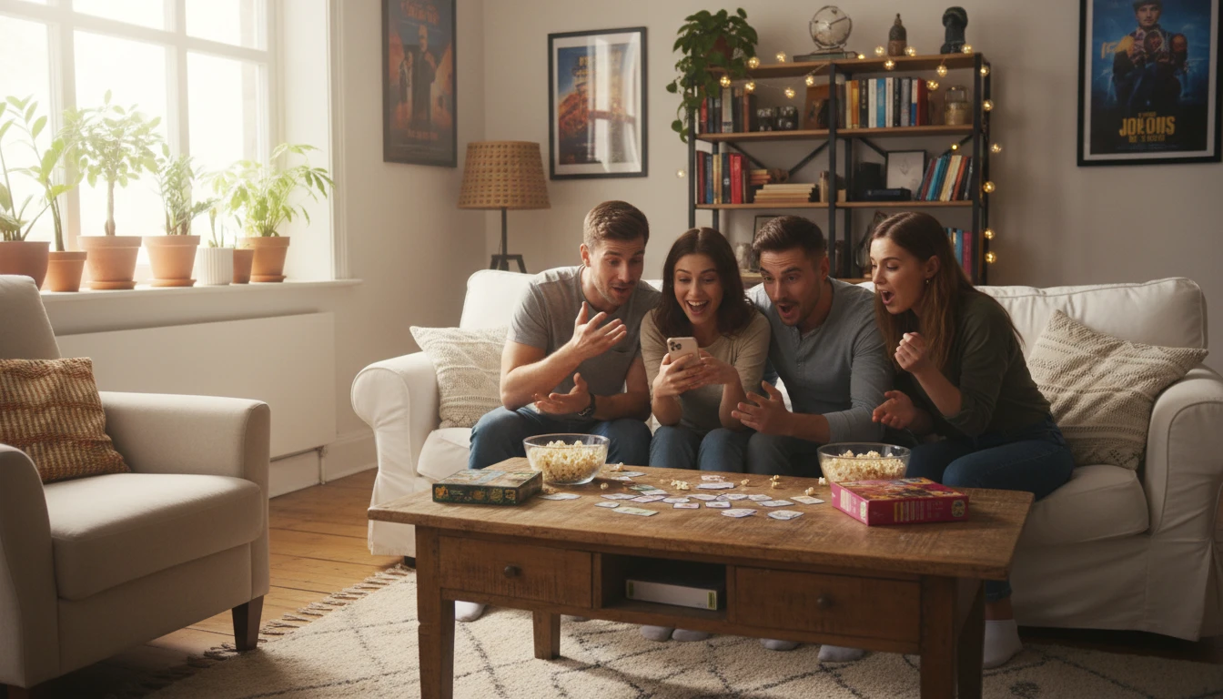 Group of friends discussing movie trivia together in a cozy living room