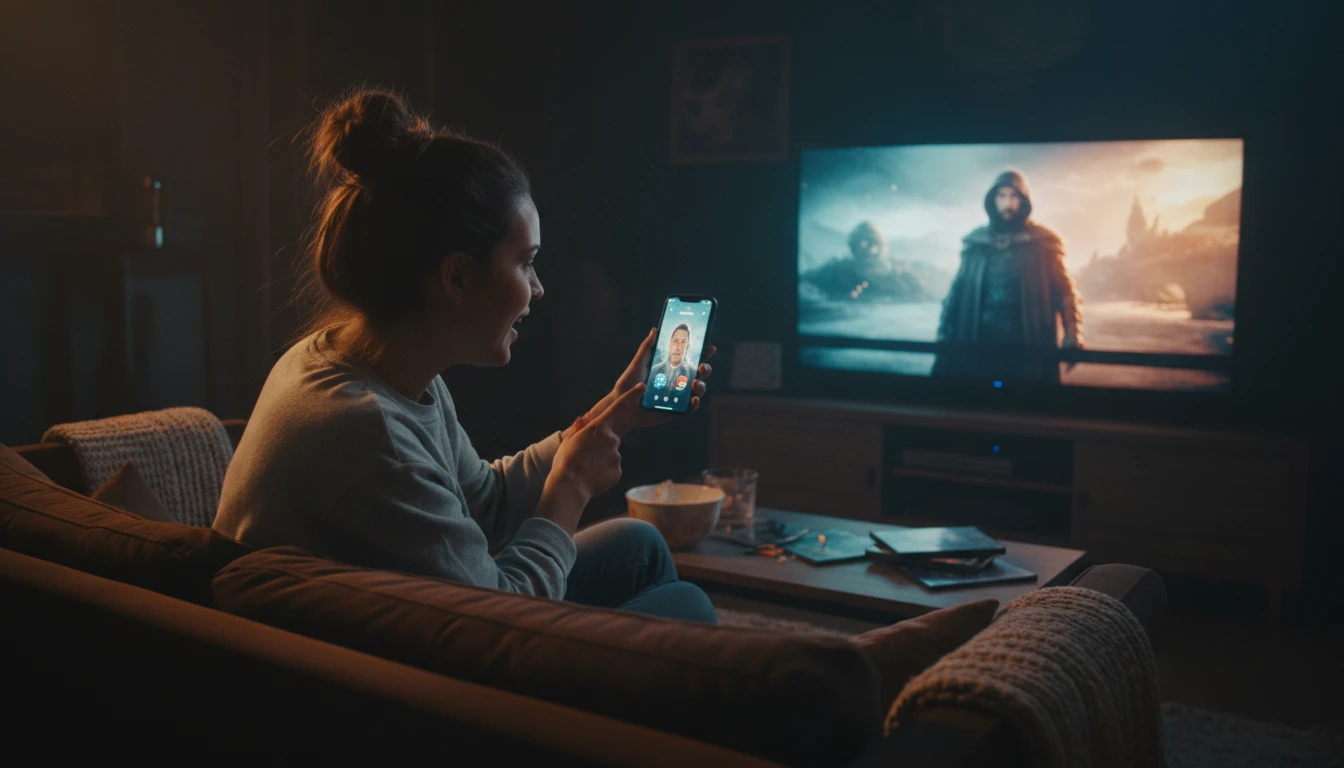 Film enthusiast watching a movie at home and using a phone to identify a character on screen