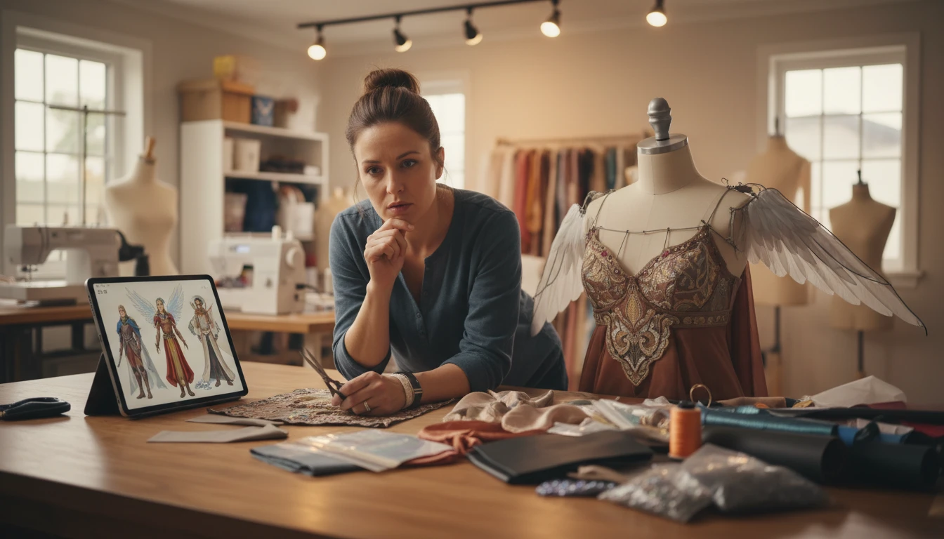 Costume maker at a workbench reviewing character reference details on a tablet while working on a costume