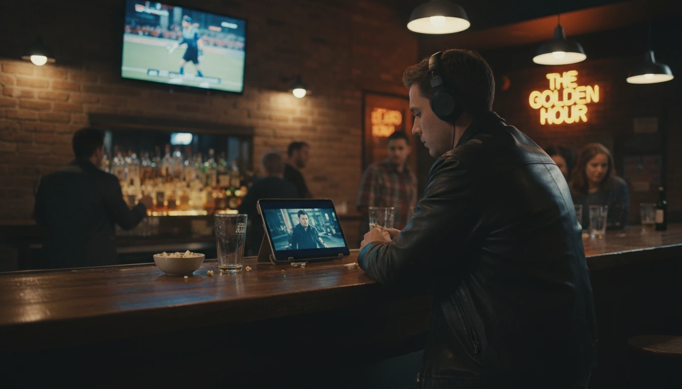 Person at a trivia night using a phone to research movie character facts before the game starts