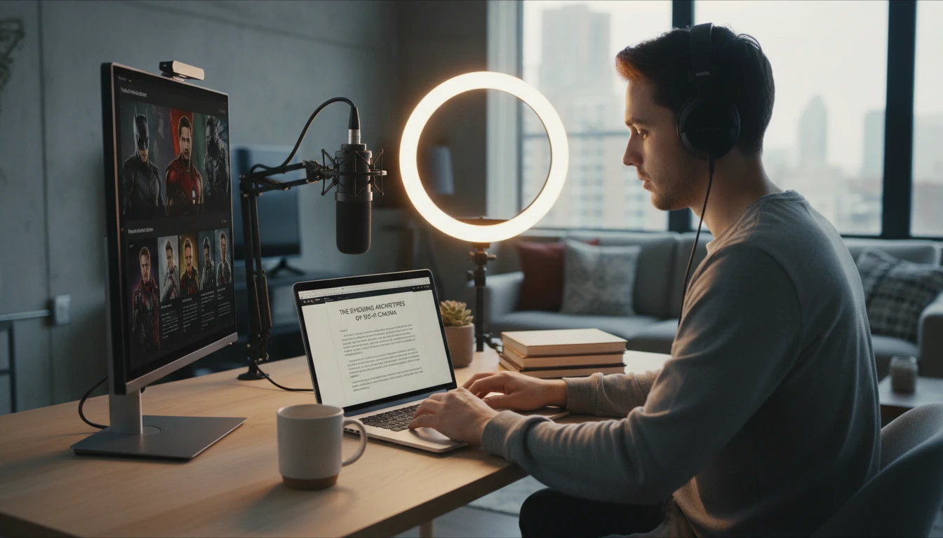 Content creator at a desk writing a film review article with character information displayed on a second screen
