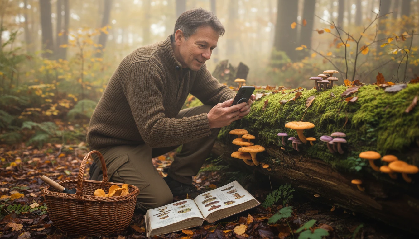 Mycologist in a forest crouching beside a mushroom cluster and photographing it carefully with a phone for identification