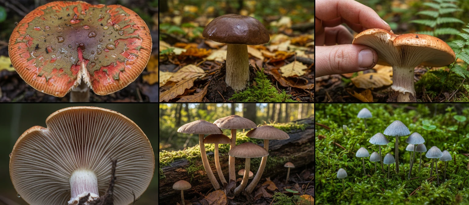 Wide editorial collage of mushroom photography: cap top, gill underside, stem base, forest habitat, and close-up macro shots