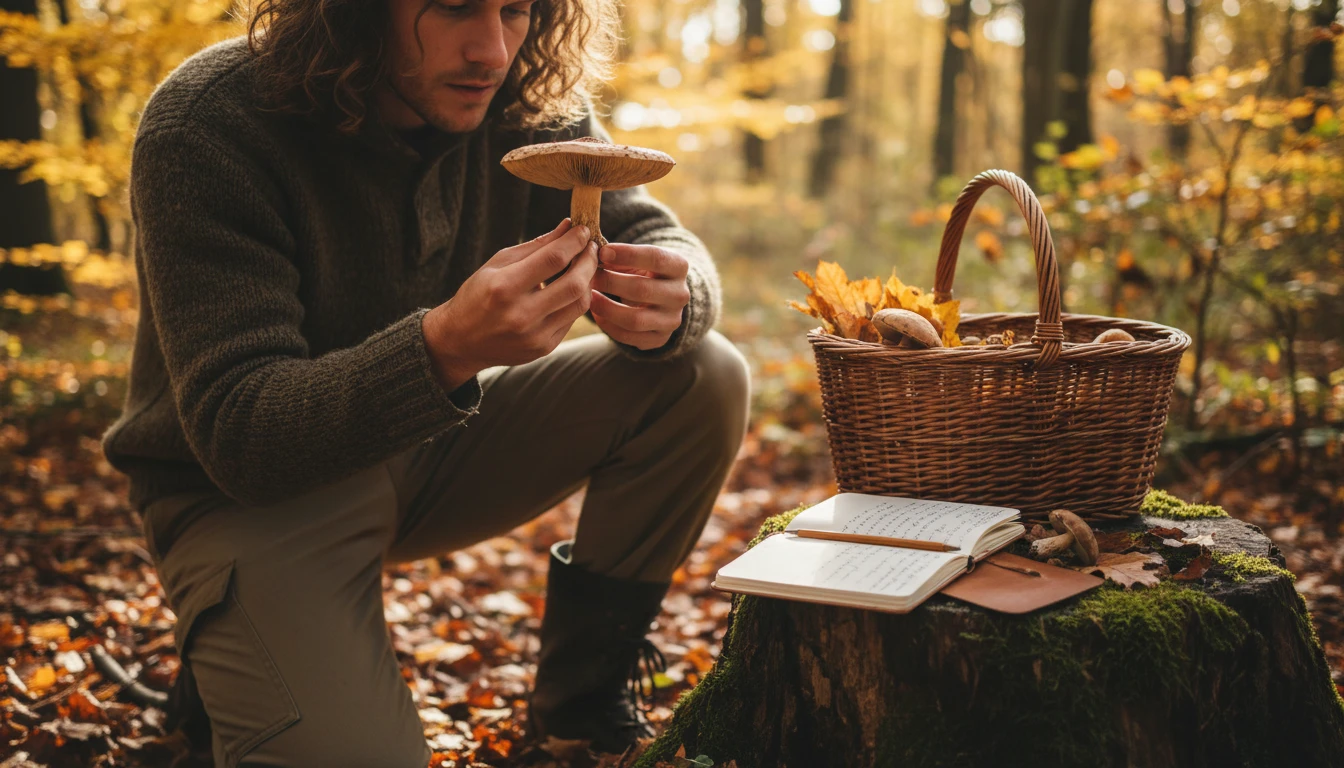 Forager in a forest examining a wild mushroom closely, noting the gills and stem base carefully before photographing