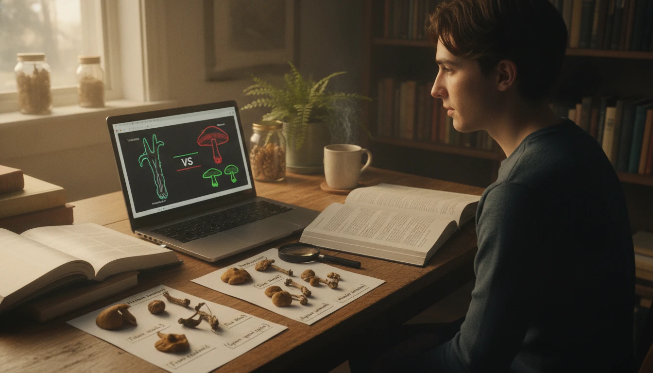 Mycology student at a desk studying mushroom look-alike comparison using an AI identification tool on a laptop beside field guides