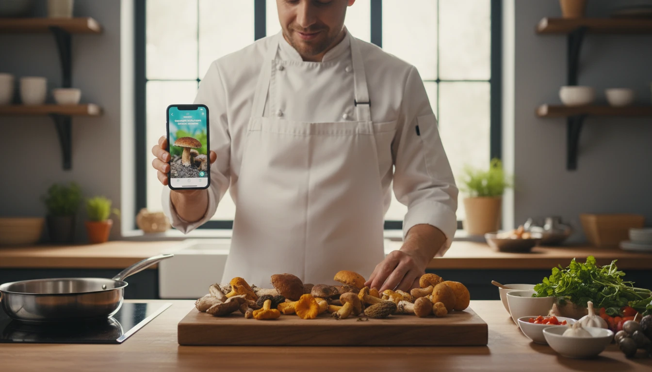 Chef at a kitchen counter examining freshly foraged mushrooms and using an AI tool on a phone to confirm identification before cooking