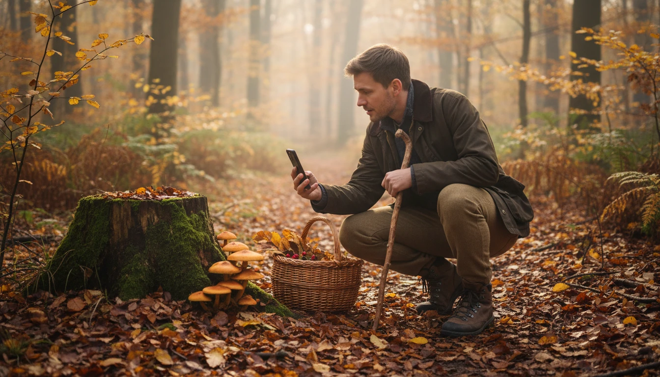 Forager on a woodland trail photographing a wild mushroom with a phone during a foraging walk in autumn