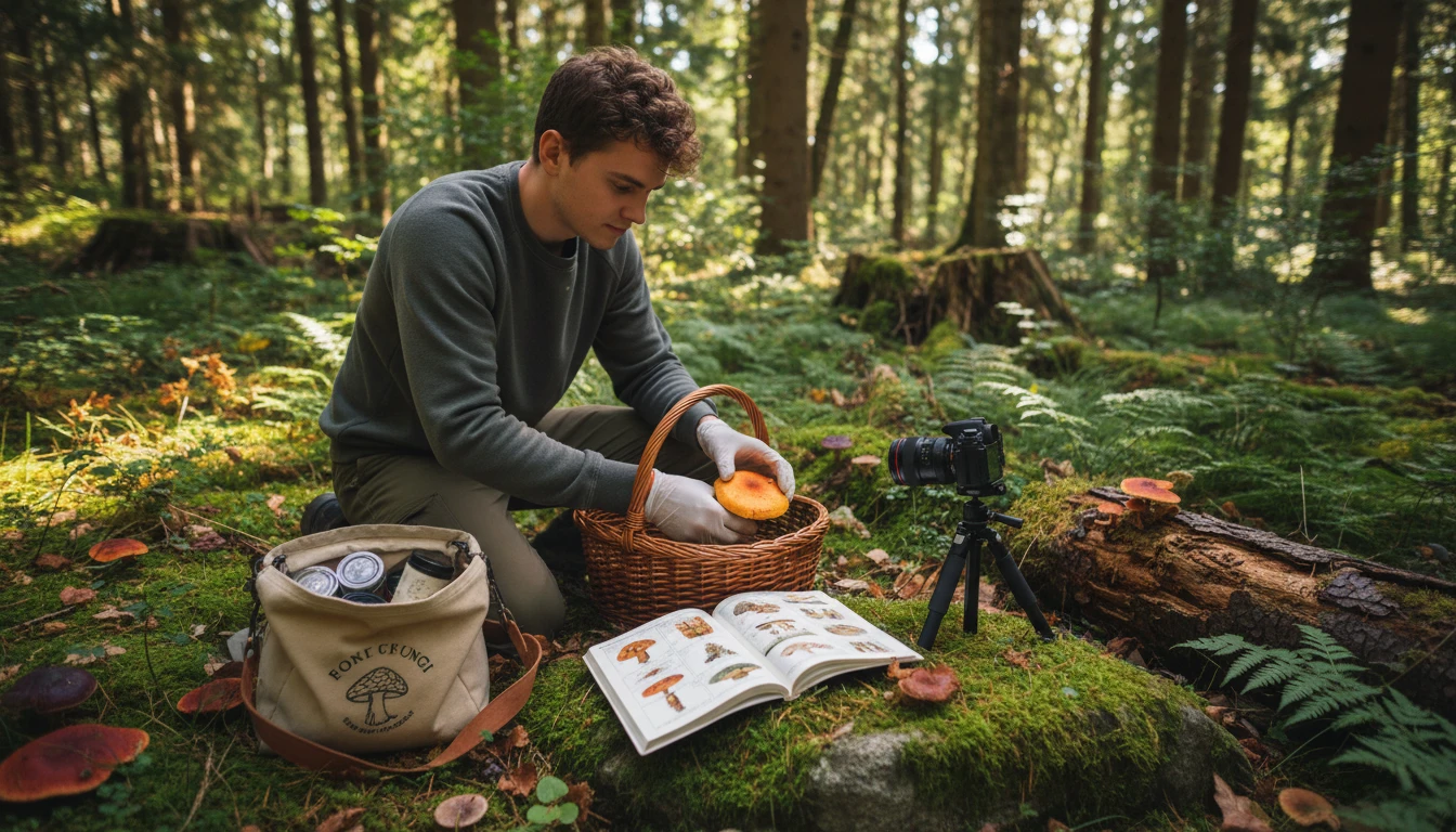 Mycology student in a forest collecting mushroom specimens into sample bags for lab study and photographing each one with a phone