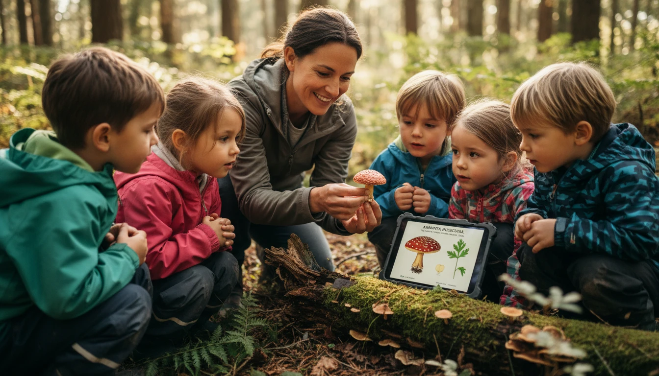 Nature educator in a forest showing a group of children a mushroom specimen and explaining its ecological role with a tablet