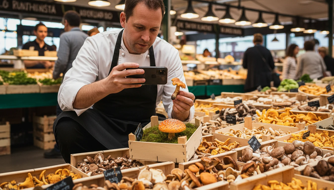 Chef at a market examining specialty foraged mushrooms and photographing them with a phone for identification before purchase