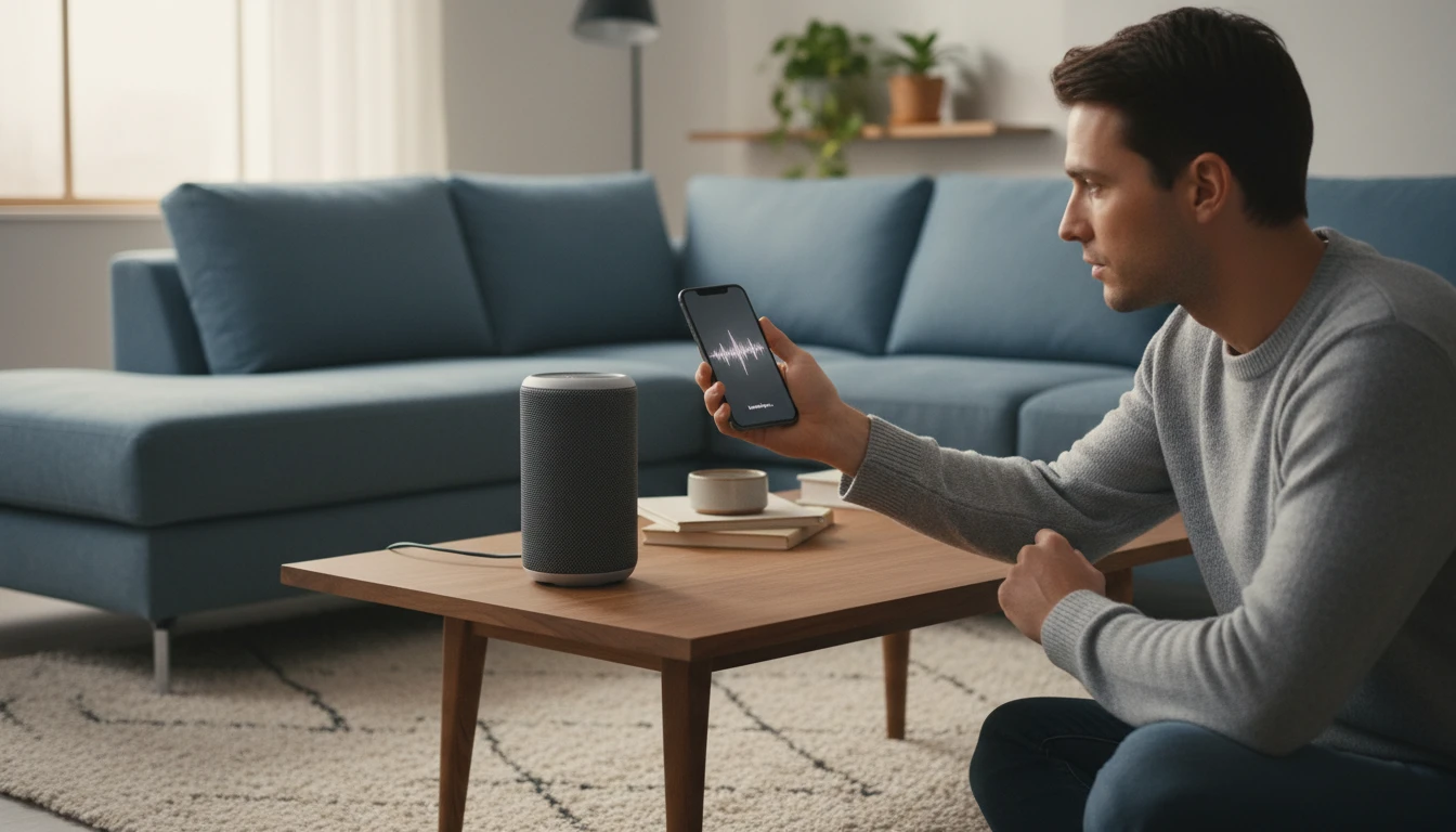 Person using their phone to record a song playing on a speaker, using an AI music finder to identify it