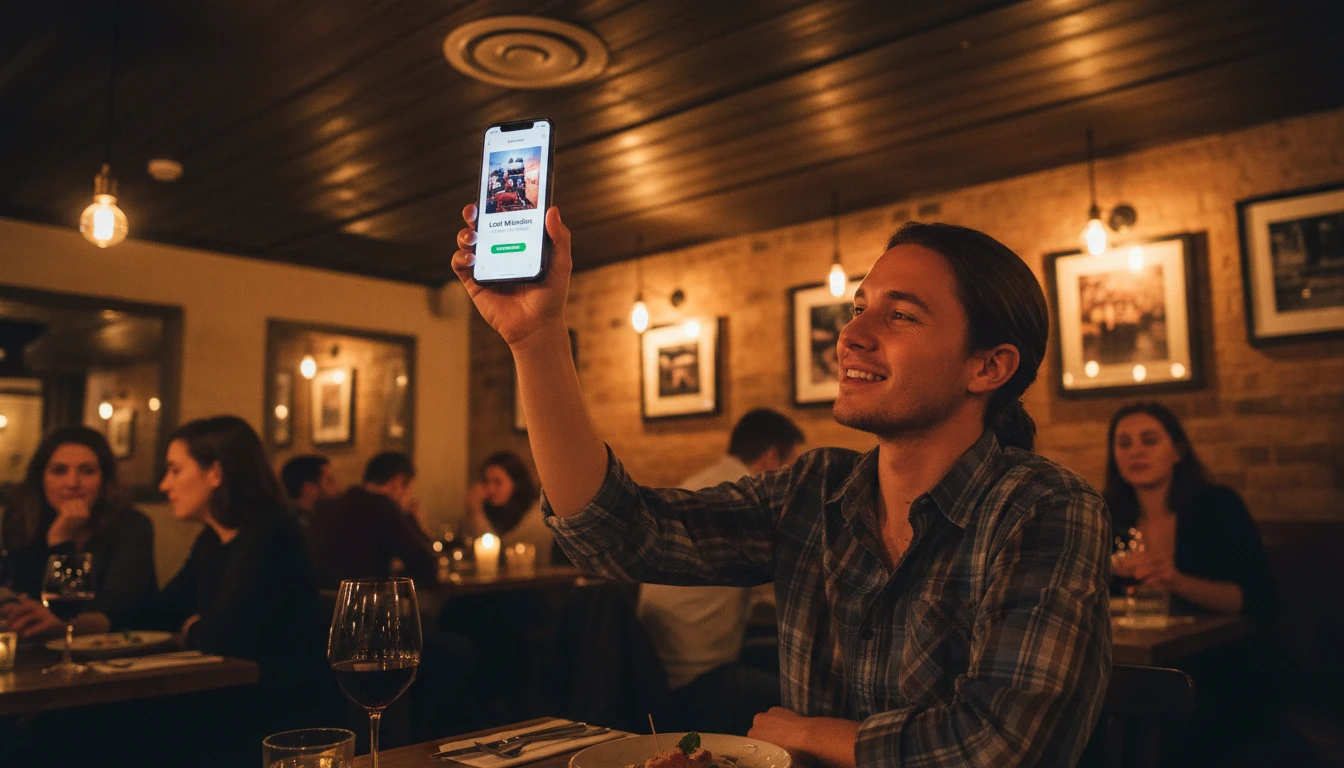 Music fan using an AI song finder on their phone at a restaurant to identify background music playing