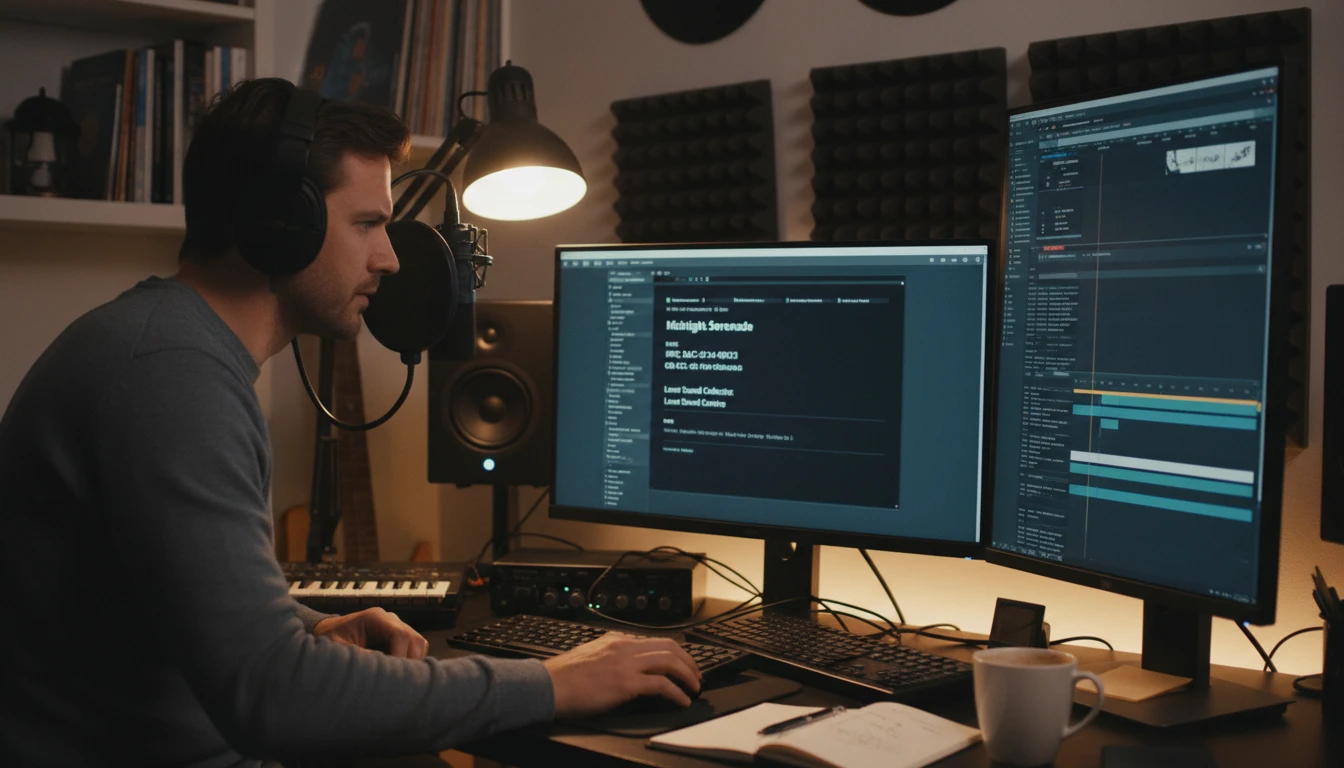 Video creator using a song finder to identify a background track and check its copyright status before publishing