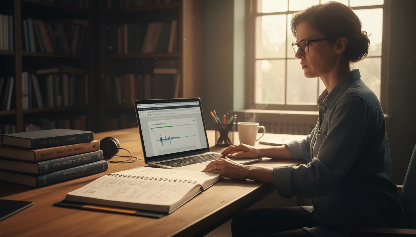 Music researcher uploading an audio clip to a song finder to identify and verify a historical recording