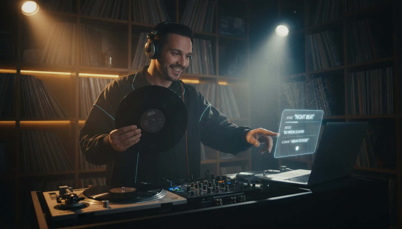 DJ using a music finder tool on a laptop to identify an unrecognized sample from a vinyl record