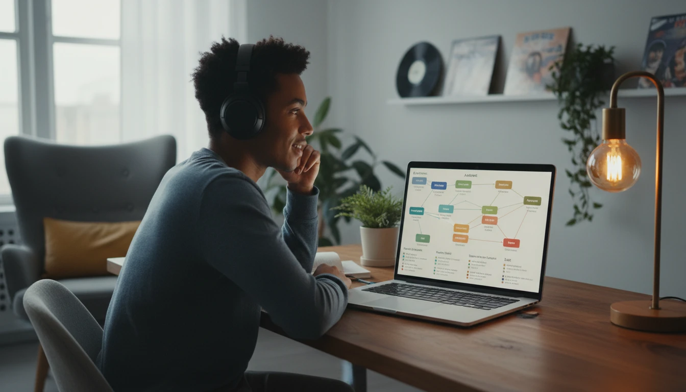 A music fan listening to a song on headphones while a detailed genre and style analysis appears on a laptop screen beside them