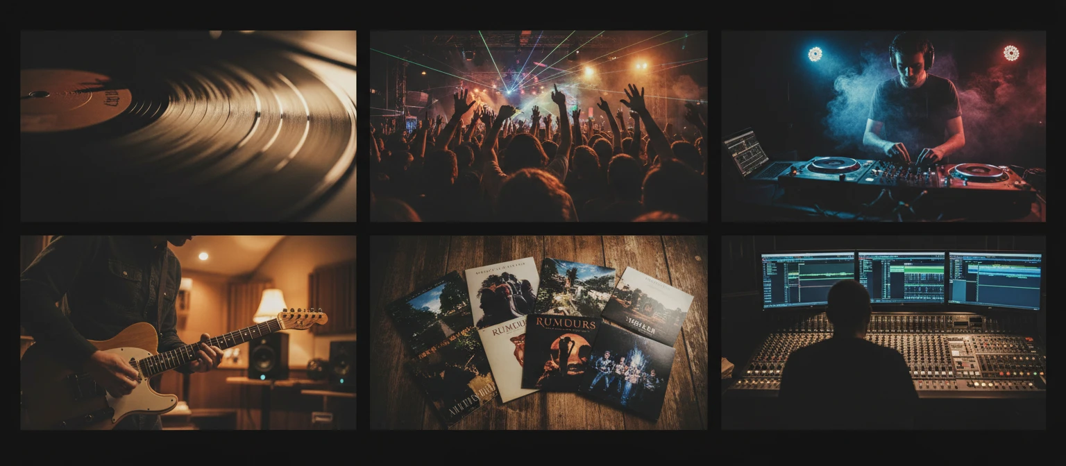 Wide editorial collage showing vinyl records, music festival crowds, a DJ at a turntable, a musician playing guitar in a studio, album artwork, and a music producer at a mixing console