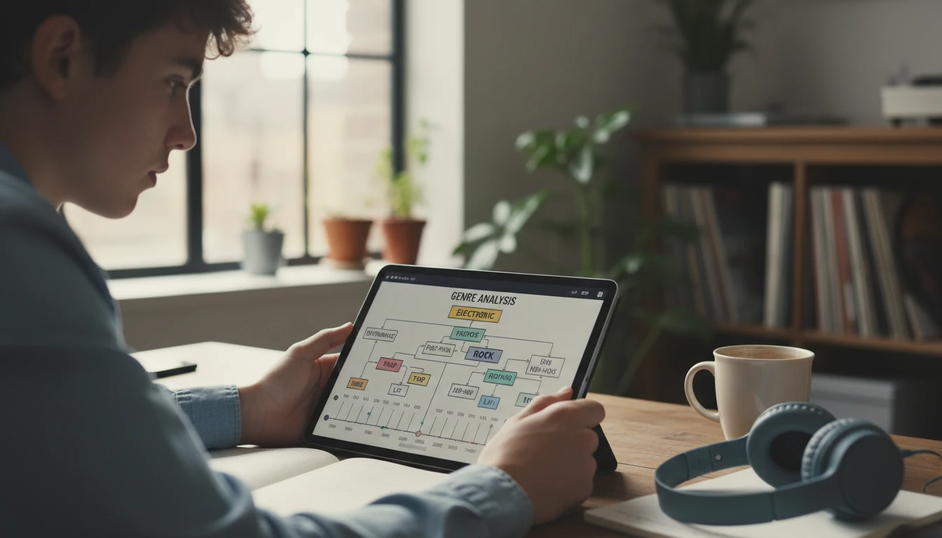 Music student reading a detailed genre breakdown on a tablet, with genre tags and subgenre labels visible on screen