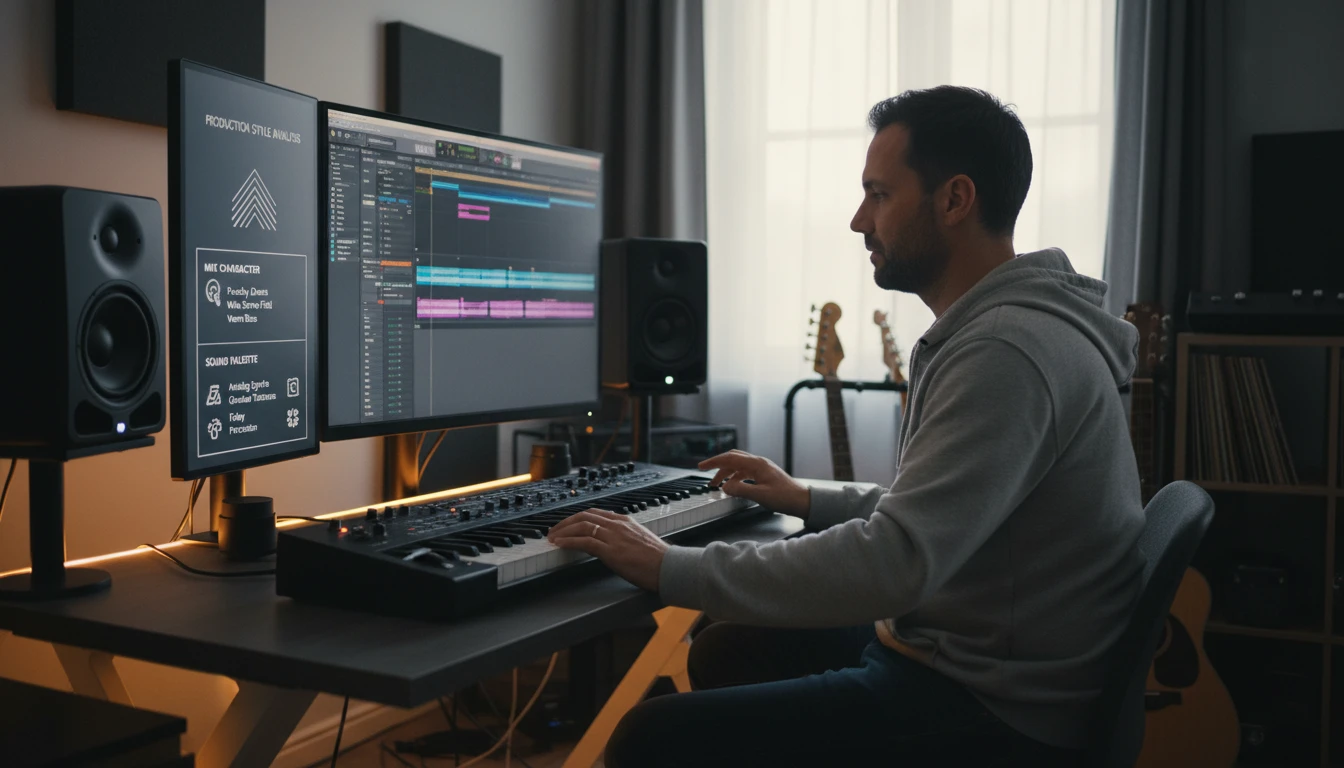 Music producer reviewing a production era and mix analysis on a studio monitor while comparing reference tracks