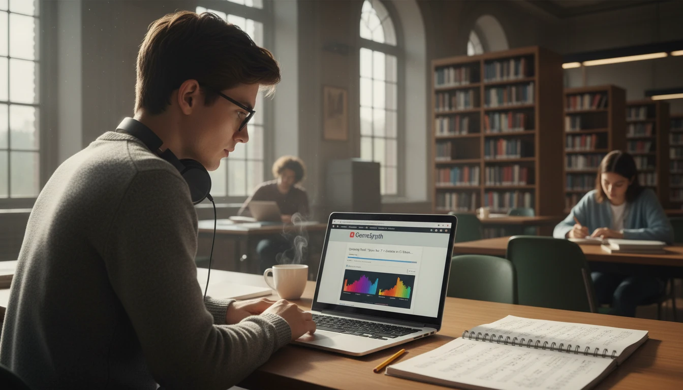 Music student using a genre analysis tool on a laptop to identify the style of a track for a class assignment