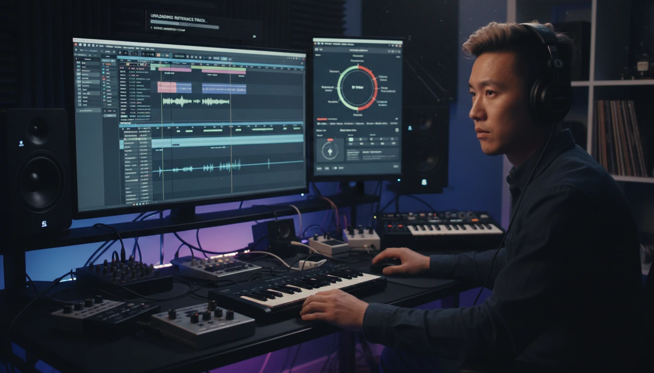 Music producer uploading a reference track for style analysis on a DAW workstation to guide their own production