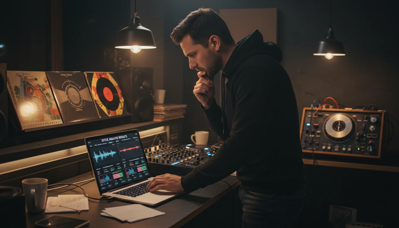 DJ reviewing style analysis results for multiple tracks on a laptop to plan a coherent set