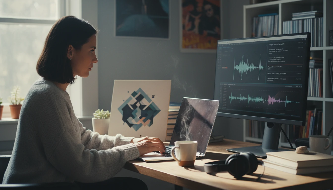 Music journalist typing a review on a laptop with a music style analysis open in another window for reference