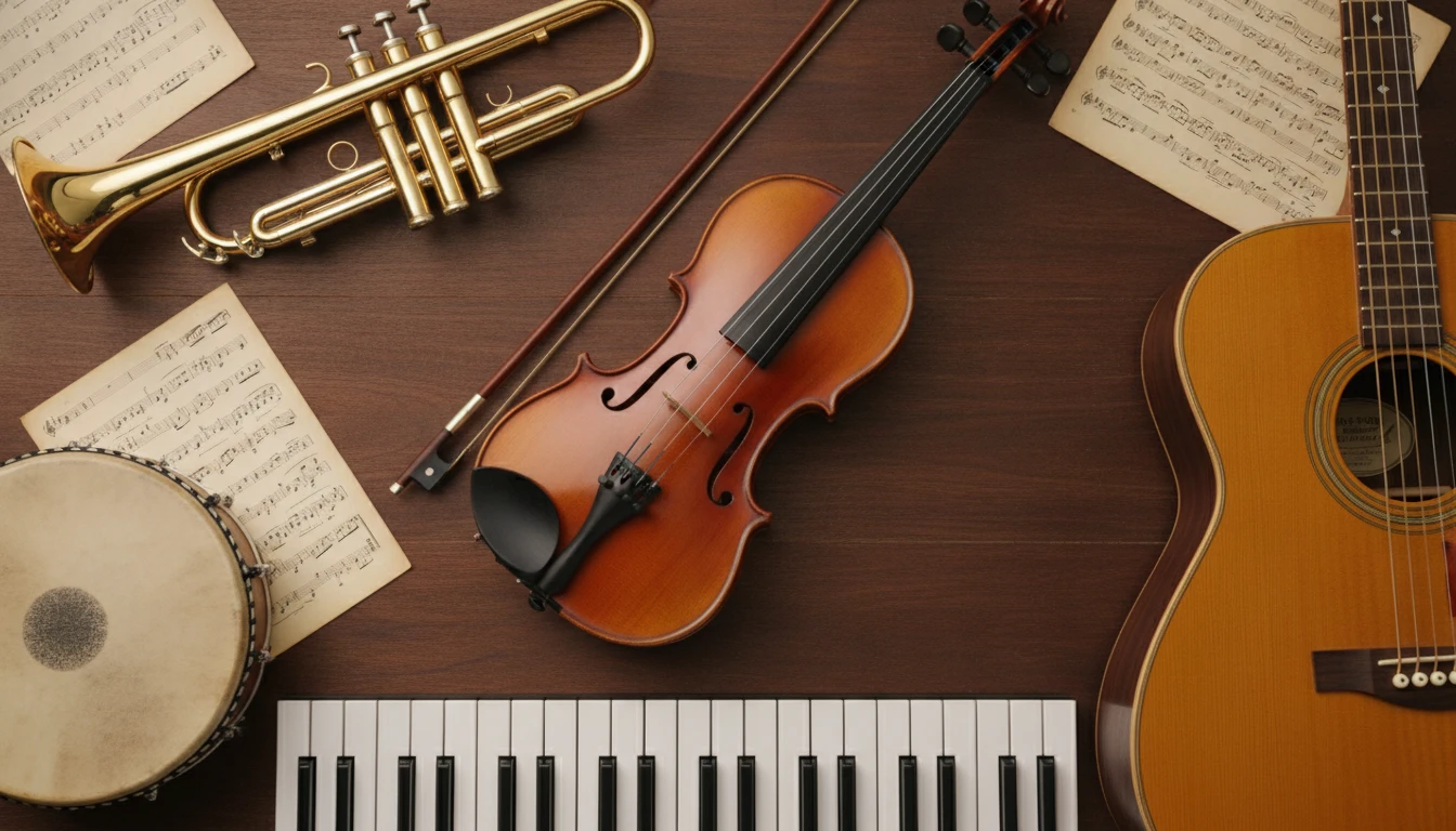A flat lay photo collage of diverse musical instruments including a violin, acoustic guitar, trumpet, grand piano keys, and hand drum on a dark wooden surface