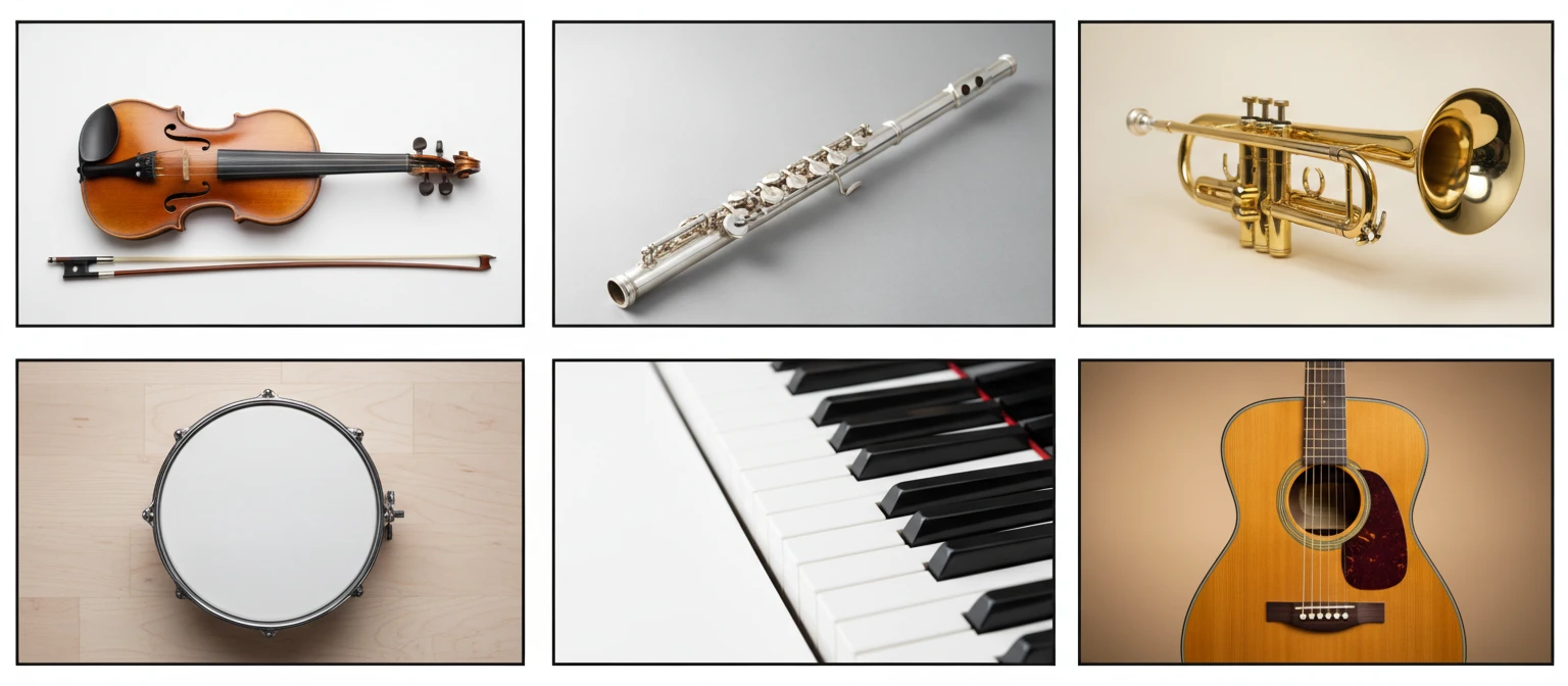 A 21:9 photo collage grid of six musical instruments: violin, flute, trumpet, drum, piano keys, and acoustic guitar on clean neutral backgrounds
