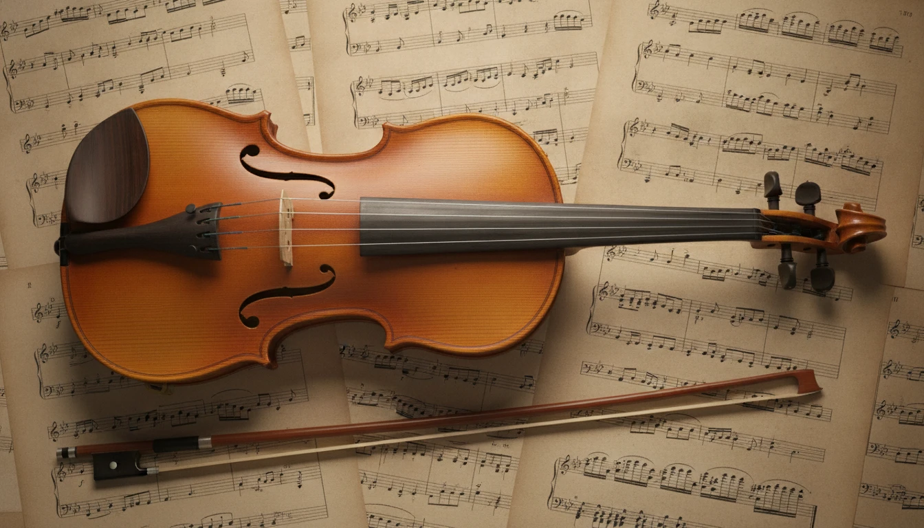 A close-up photo of a classical violin resting on sheet music with its bow beside it