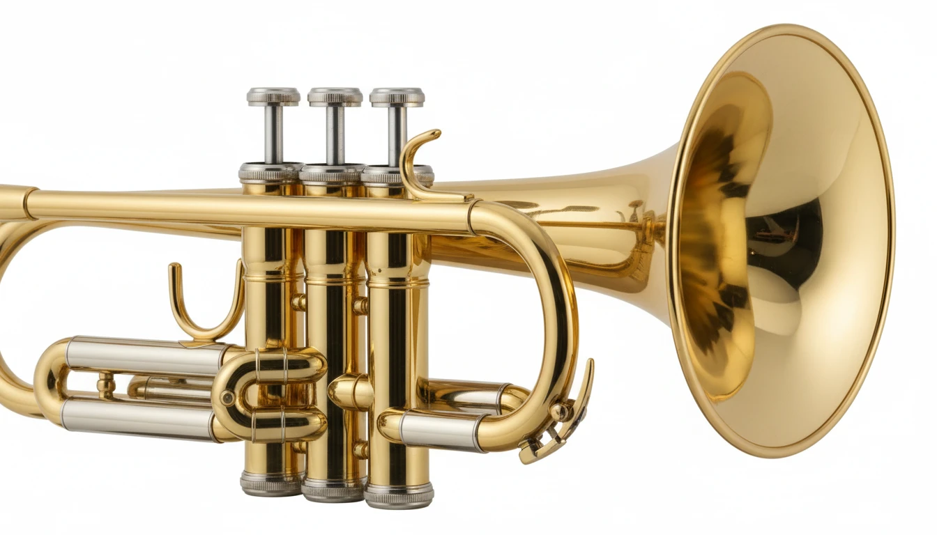 A detailed close-up of trumpet valves and bell showing the mechanical components of a brass instrument