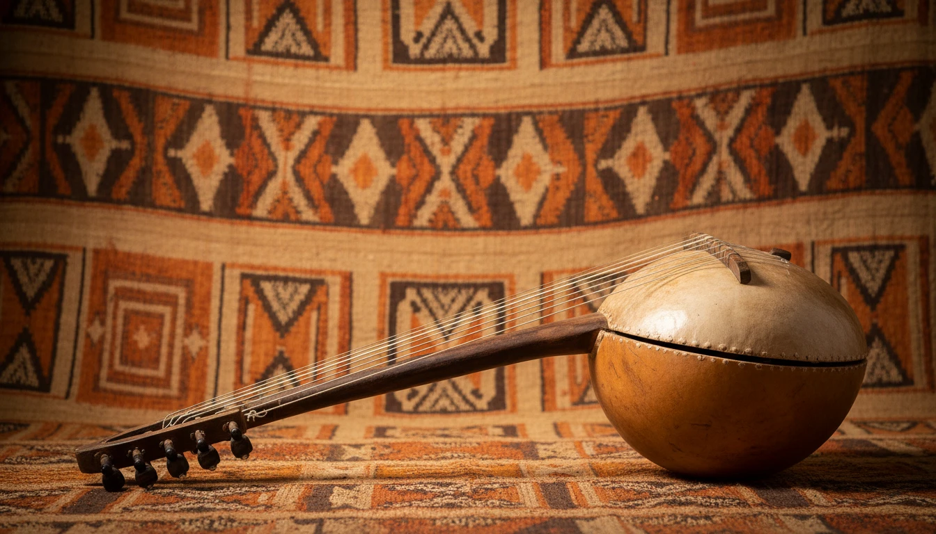 A traditional wooden kora stringed instrument from West Africa against a natural woven background