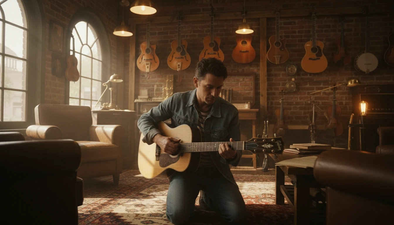 A musician examining a vintage guitar at an antique instrument shop