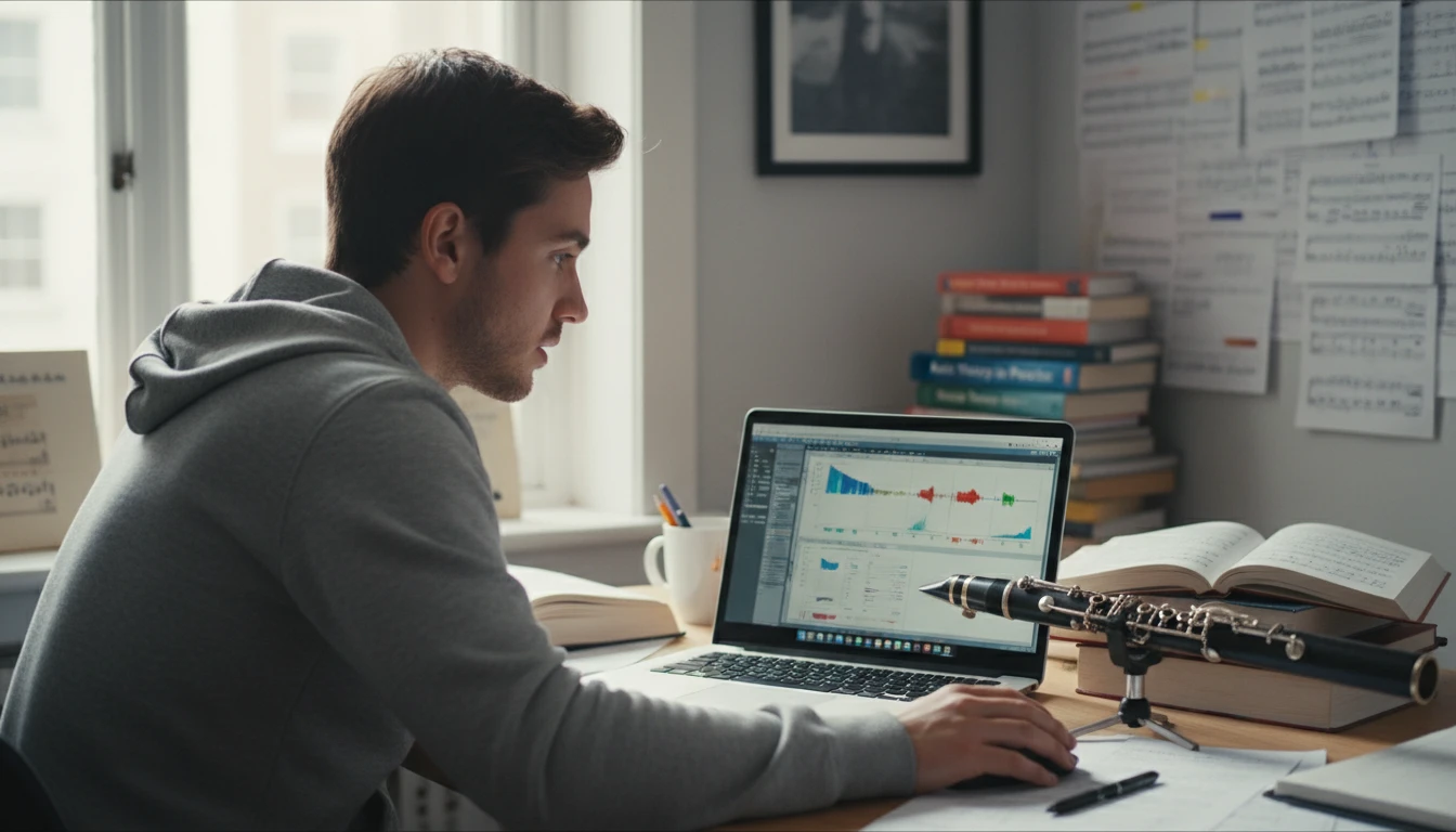 A music student sitting at a desk with a laptop open next to a musical instrument