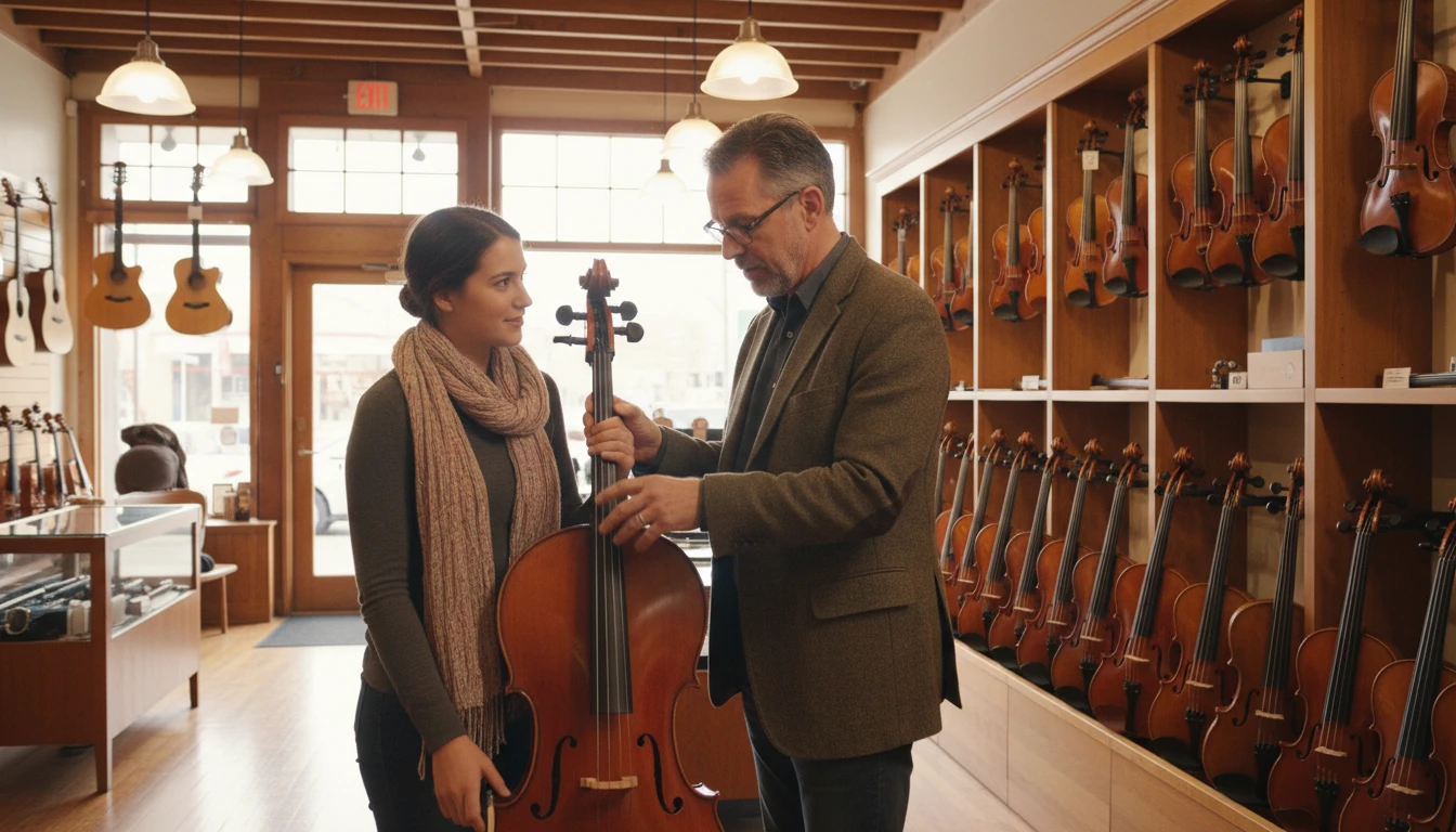 Two people examining a cello at a music shop during a purchase consultation