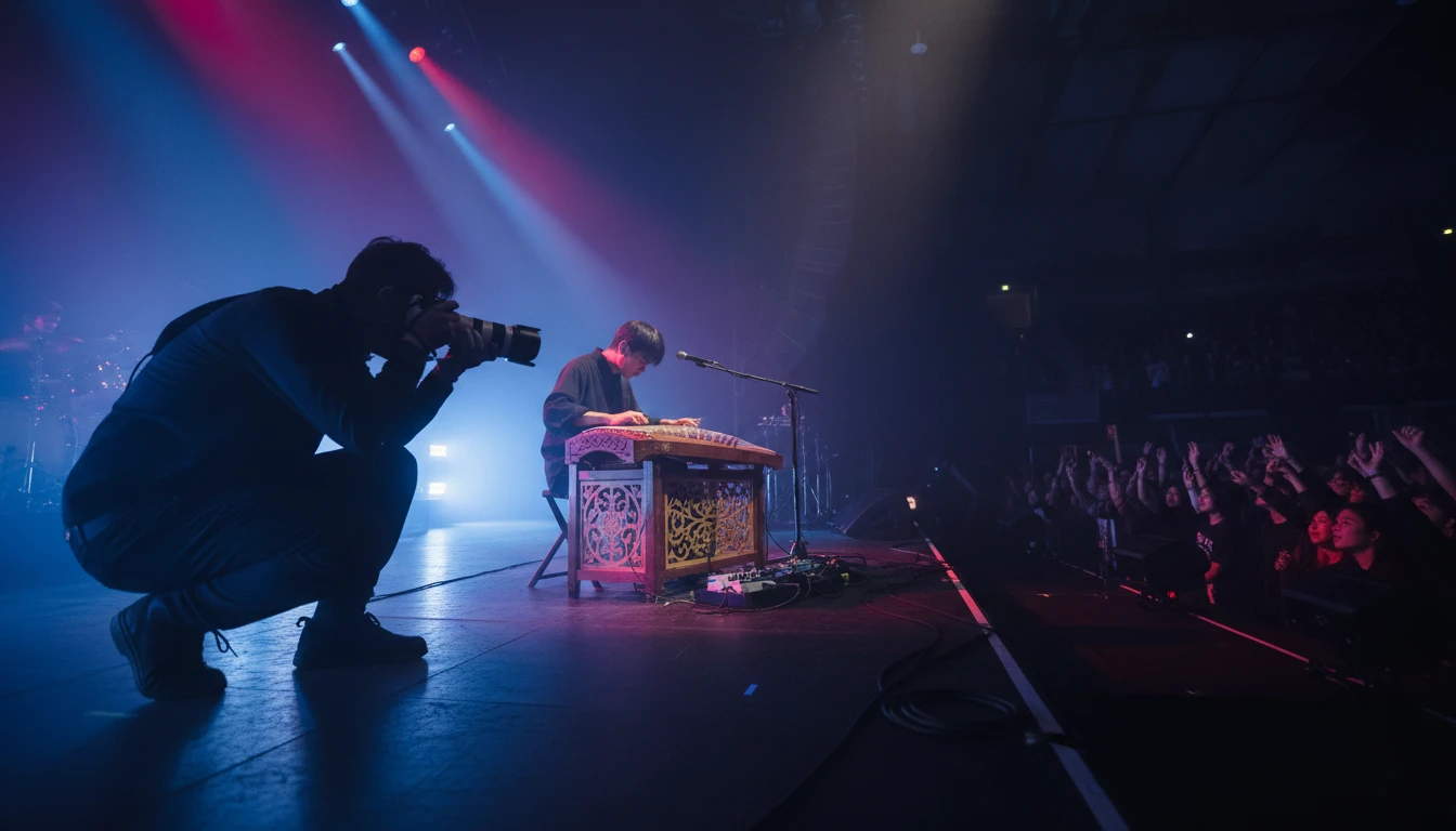 A photographer capturing a musician performing on stage with an unusual traditional instrument
