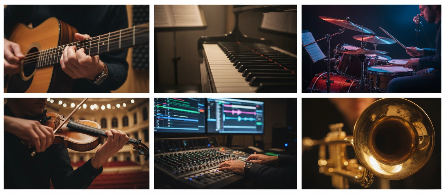 Wide editorial collage showing musicians playing instruments, recording setups, music production workstations, and sheet music in professional and studio environments