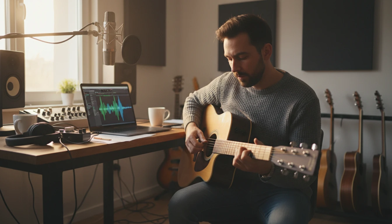Person recording a live guitar performance directly in a browser on a laptop to identify the instrument with AI