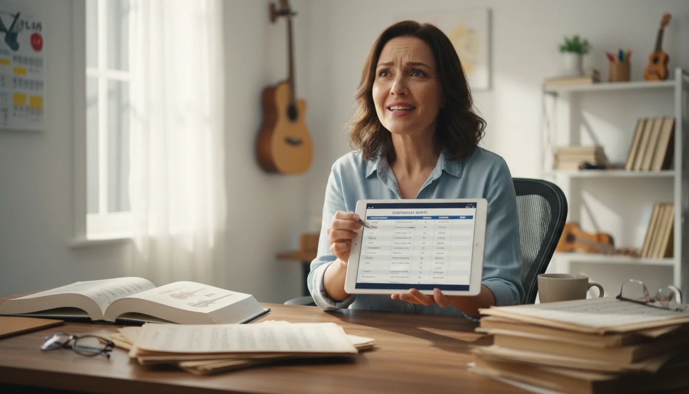 Music teacher reviewing an instrument breakdown report on a tablet showing confidence scores and roles for detected instruments