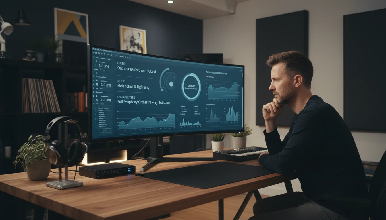 Composer reviewing a full musical analysis breakdown including genre and mood data on a large monitor