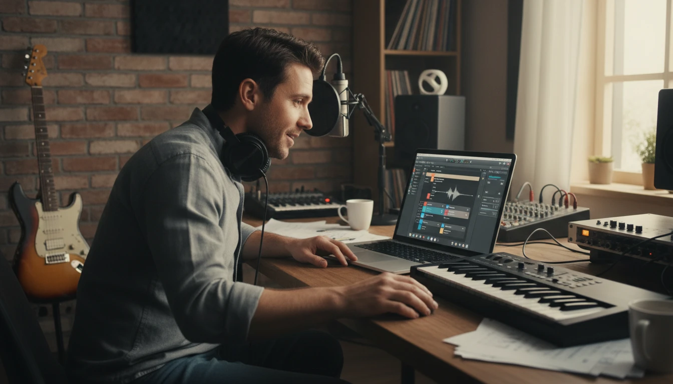 Musician analyzing a reference track instrument list on a laptop while planning a cover version