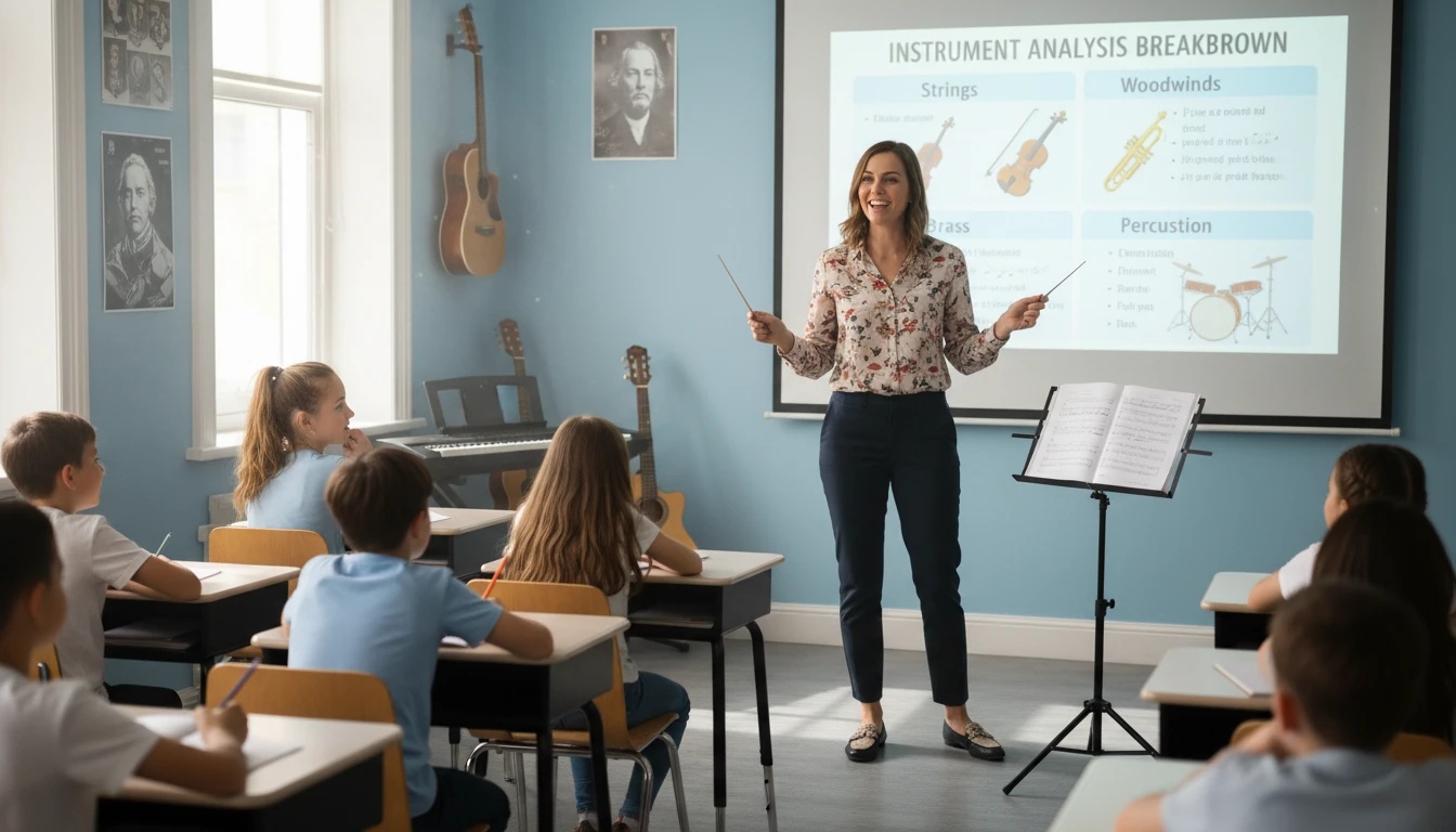 Teacher displaying an instrument analysis breakdown on a classroom projector during a music lesson