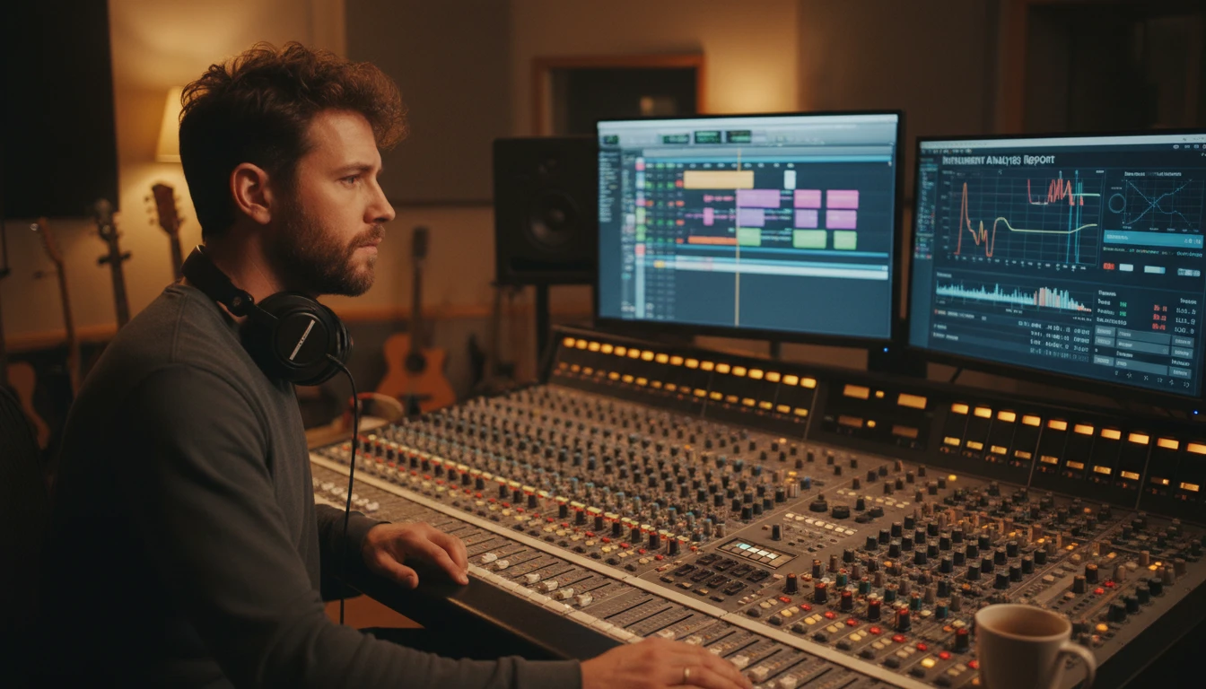 Audio engineer reviewing an instrument identification breakdown on a studio monitor while mixing a track
