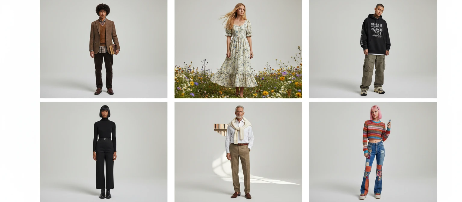 Wide photo collage of six different fashion aesthetic outfits on diverse models
