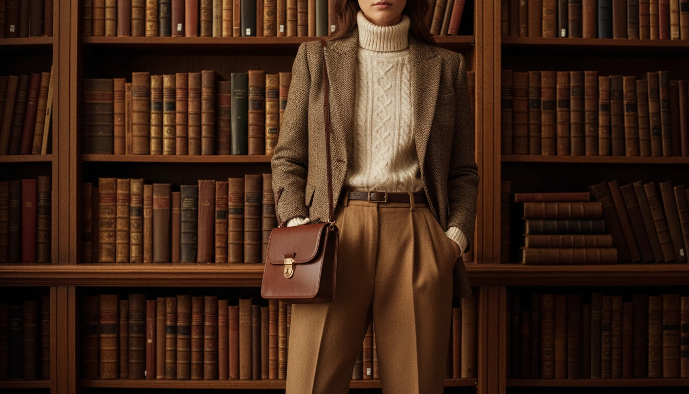 Close-up of a dark academia outfit showing tweed blazer, turtleneck, and tailored trousers in brown and cream tones