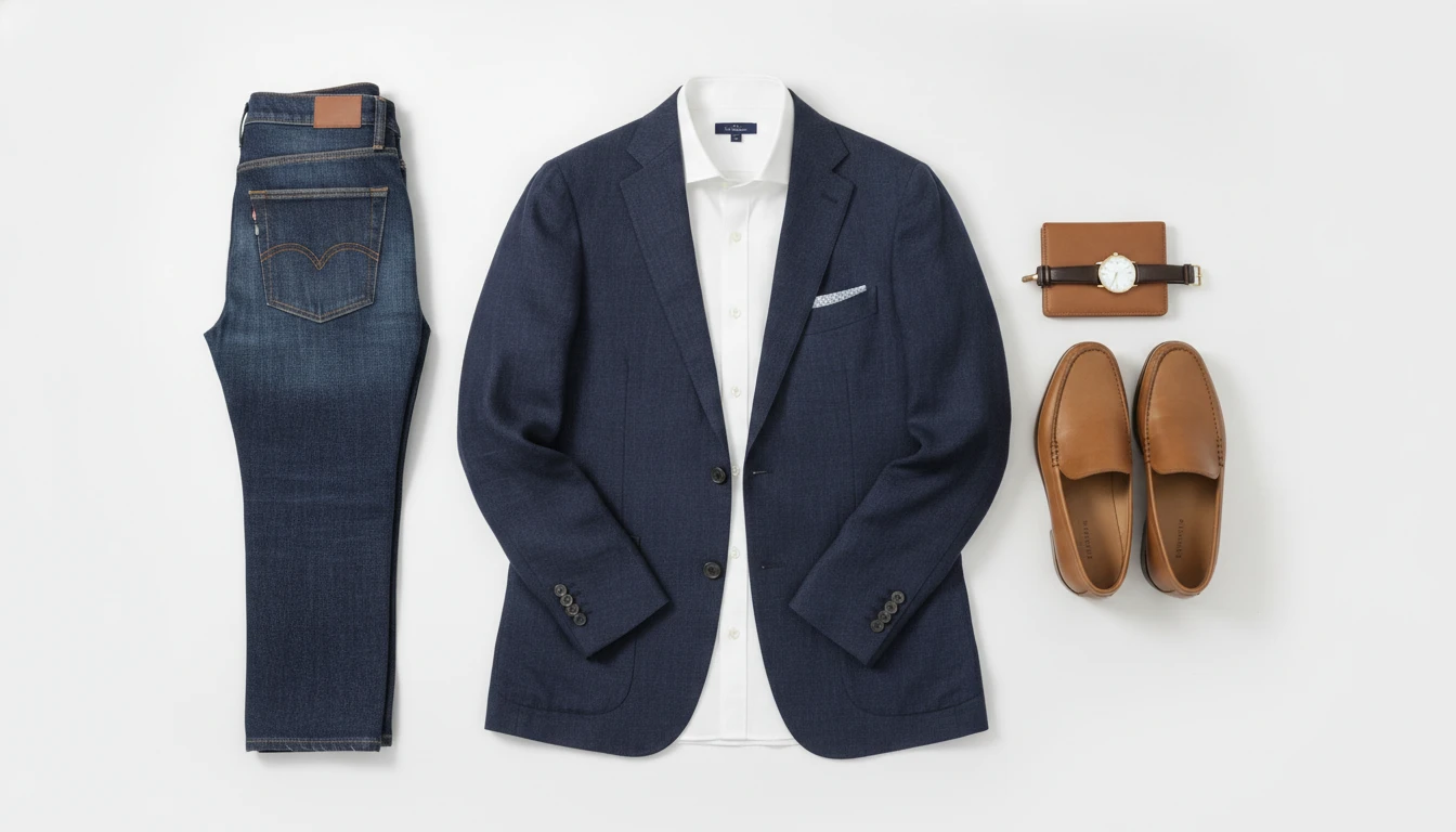 Fashion editorial flat lay of outfit pieces: blazer, jeans, white shirt, and loafers arranged on a clean surface