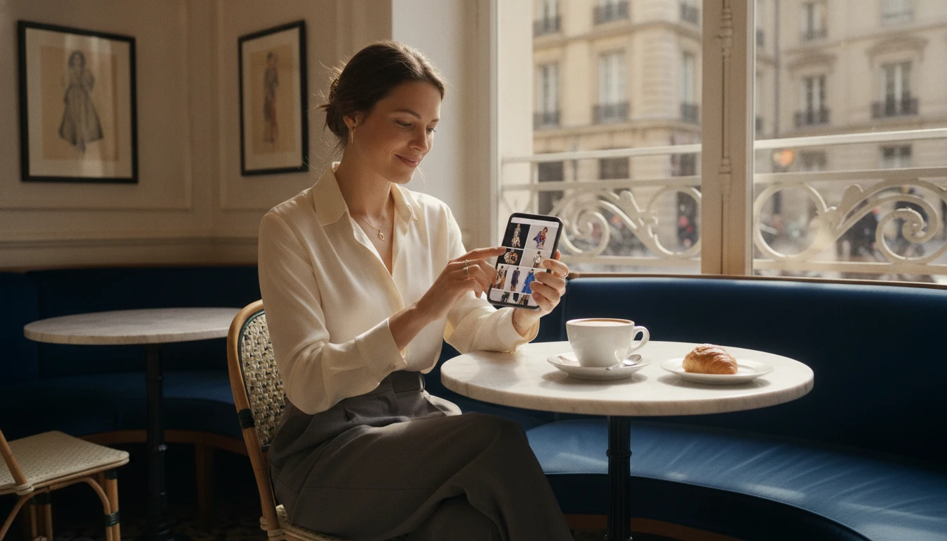 Person on their phone scrolling through fashion inspiration photos in a cafe