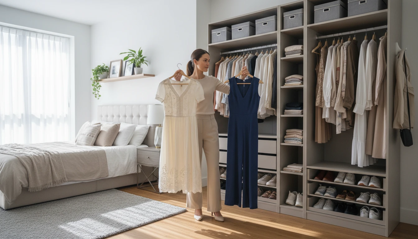 Person in front of an open wardrobe holding up two different outfit options and looking thoughtful