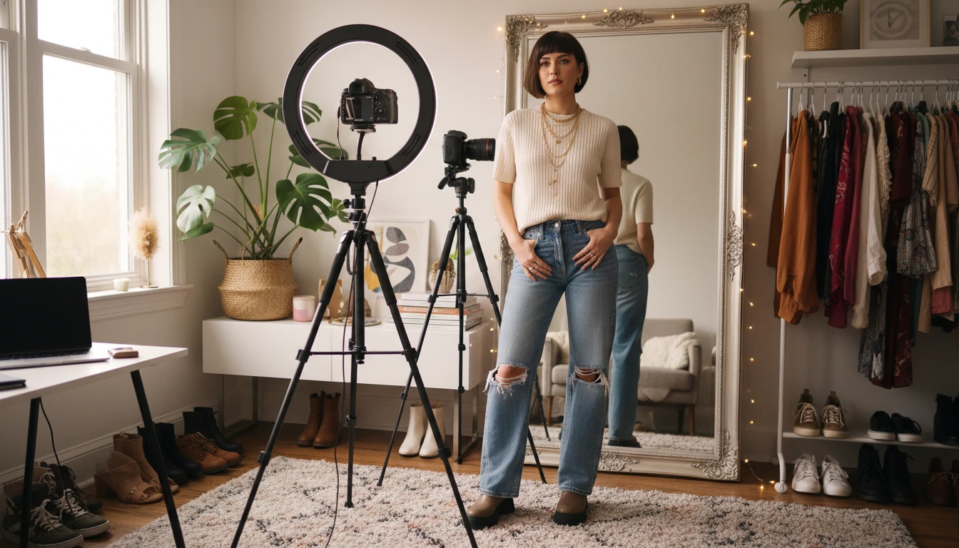 Fashion influencer photographing their outfit in a mirror with a ring light and camera setup